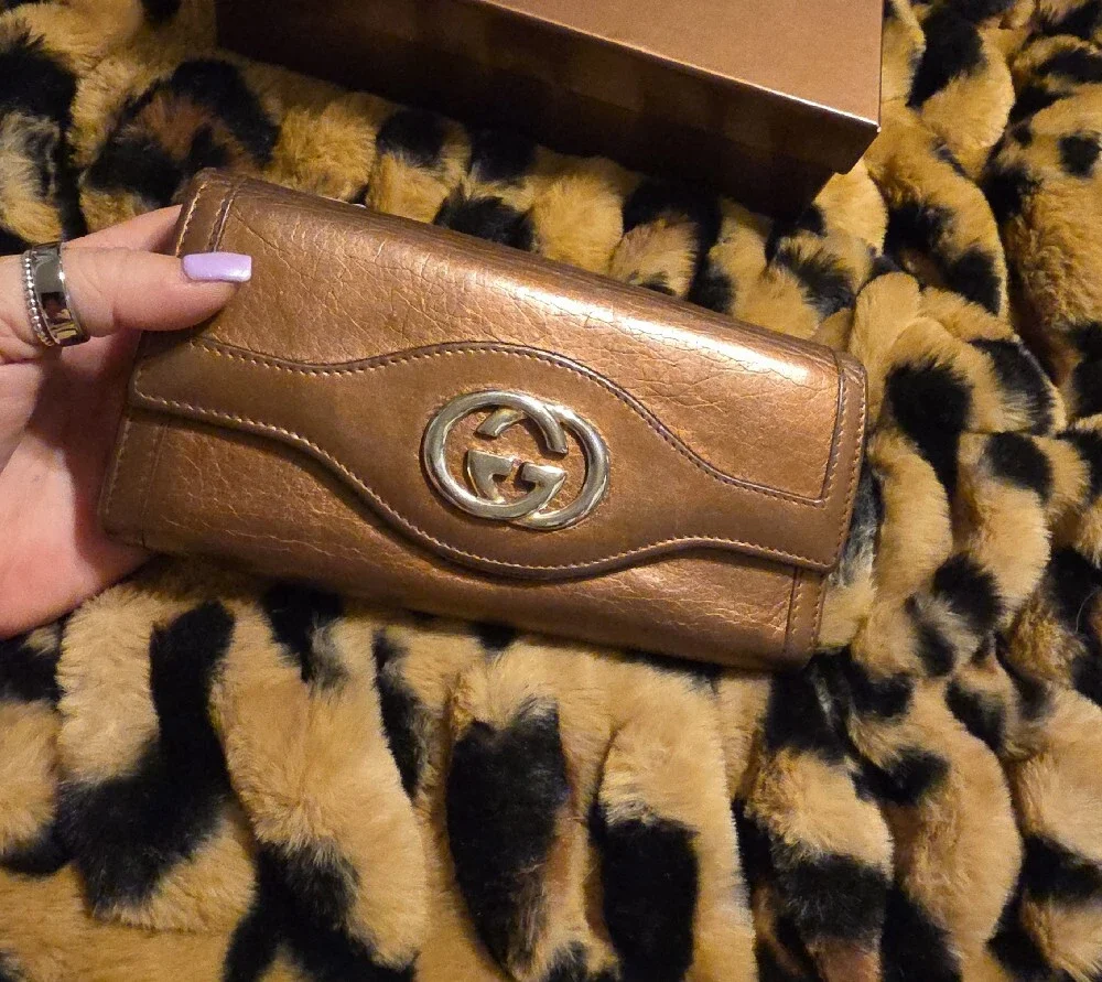 Gucci Metallic Brown Leather Continental Wallet with Double G